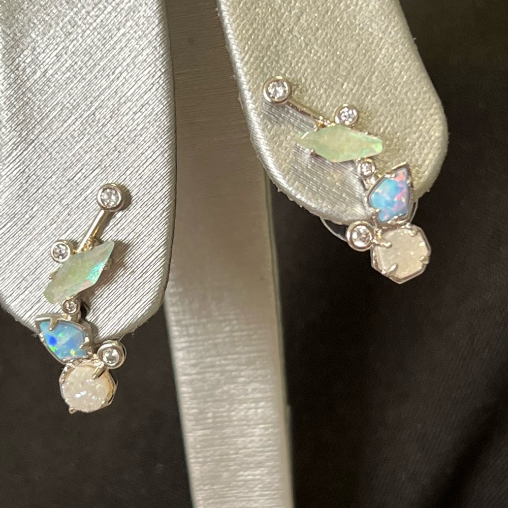 NWT RARE & Retired Kendra Scott Troian Ear Climbers Ice Blue Opal Dichroic Drusy - Picture 16 of 17